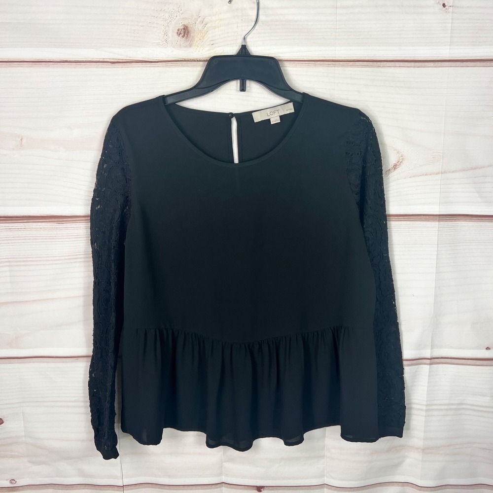 LOFT Top Womens PS Black Peplum Blouse Lace Sleeve Chiffon Pullover Round Neck